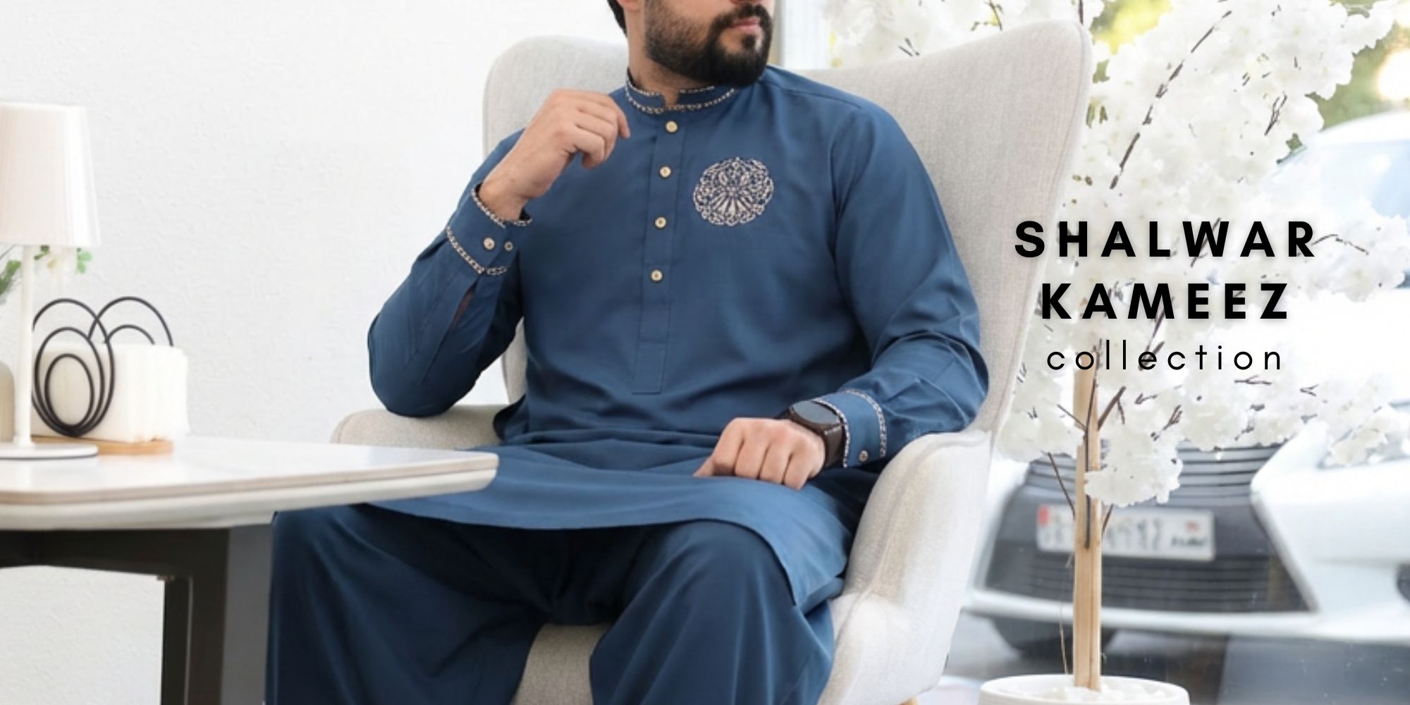 Men’s premium shalwar kameez with embroidered details, traditional Islamic wear for formal and everyday use