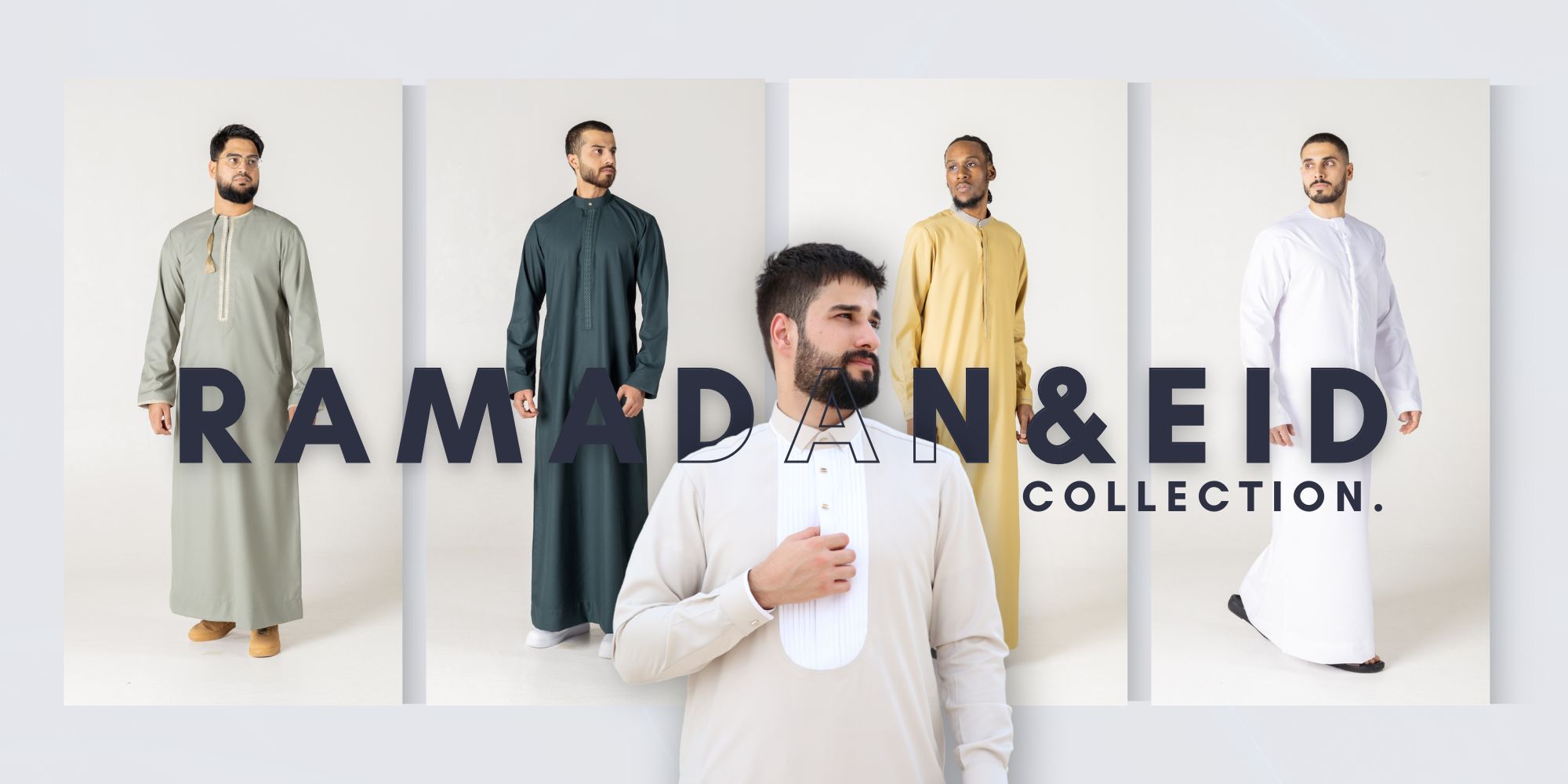 Ramadan and Eid men’s thobe collection featuring modern Islamic clothing in neutral and earthy tones, showcasing premium long-sleeve thobes worn by male models on a clean studio background.
