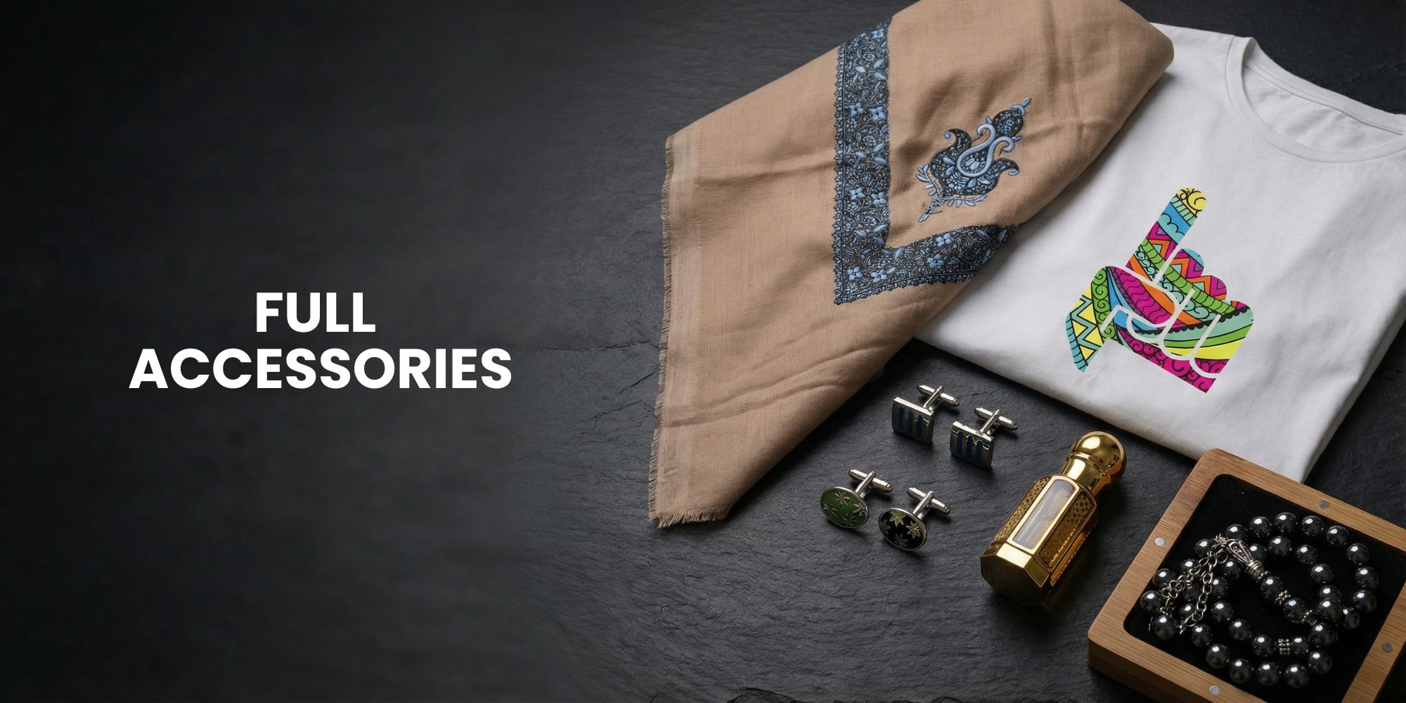 Men’s Islamic accessories collection including belts, cufflinks, tasbihs, fragrances, and shemaghs